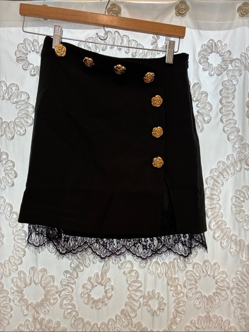 Commense Black Mini Skirt with Gold Rose Buttons and Lace Trim